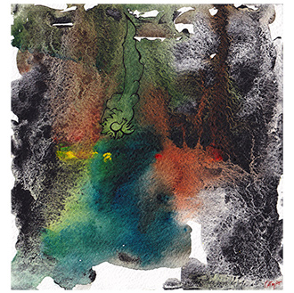 Abysse, aquarelle extra fine, fusions, improvisation, fine liner, noir, jaune, orange, bleu, vert